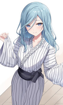 Rule 34 | absurdres, blue eyes, blue hair, blush, closed mouth, commentary request, cowboy shot, hair between eyes, highres, hinomori shizuku, japanese clothes, kimono, kunizaki, long hair, long sleeves, looking at viewer, project sekai, sash, simple background, smile, striped clothes, striped kimono, white background, white kimono, yukata