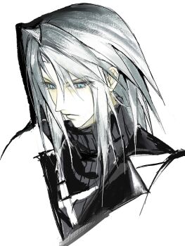 1boy 3_3lecho absurdres alternate_hair_length alternate_hairstyle androgynous black_sweater blue_eyes chest_strap cropped_torso expressionless final_fantasy final_fantasy_vii final_fantasy_vii:_ever_crisis grey_hair hashtag-only_commentary highres long_hair looking_down male_focus sephiroth sephiroth_(ever_crisis) simple_background slit_pupils solo sweater turtleneck turtleneck_sweater upper_body white_background