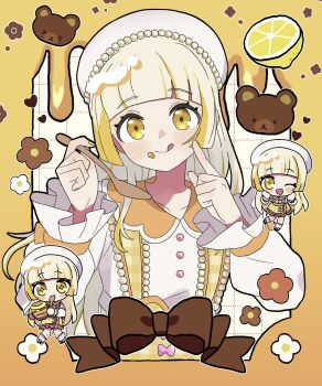 Rule 34 | 1girl, :3, :d, :q, ;d, absurdres, blonde hair, blonde streaks, blunt bangs, blush, blush stickers, border, bow, brown bow, chibi, closed mouth, commentary request, commission, food, food on face, fruit, grid background, hands up, hat, highres, holding, holding spoon, lemon, long hair, long sleeves, looking at viewer, multicolored hair, multiple views, nail polish, one eye closed, open mouth, original, outside border, pnt 0202, shirt, skeb commission, smile, spoon, streaked hair, tongue, tongue out, upper body, white hat, white shirt, wooden spoon, yellow background, yellow border, yellow nails
