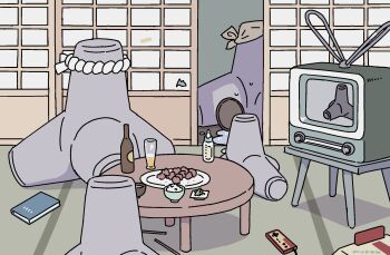 alcohol baby_bottle beer beer_bottle book bottle bowl chopsticks commentary controller crt cup drinking_glass famicom food game_console game_controller hachimaki headband highres indoors no_humans original plate radio_antenna rid0922 shouji sliding_doors symbol-only_commentary table television tetrapod watching_television what