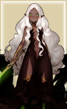 1girl absurdres arm_at_side big_hair black_boots black_dress boots breasts brown_background closed_mouth commentary dark-skinned_female dark_elf dark_skin dress ekrea_jan elf green_boots green_eyes green_nails highres holding holding_sword holding_weapon long_dress long_hair multicolored_boots navel original parted_bangs plunging_neckline pointy_ears shadow_people small_breasts smile standing stomach strapless strapless_dress sword two-tone_boots very_long_hair wavy_hair weapon white_hair