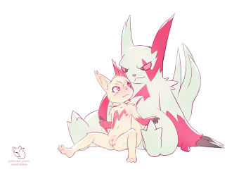 1boy 1girl :3 absurdres age_difference animal_ears animal_feet animal_hands animal_nose arm_support artist_logo artist_name barefoot black_eyes blush body_fur claws cleft_of_venus clitoral_hood closed_mouth colored_sclera completely_nude eye_contact feet flat_chest full_body furry furry_female furry_male gen_3_pokemon hands_on_another's_thighs happy hetero highres legs logo loli looking_at_another looking_back looking_down looking_up navel nintendo nipples nose_blush nude patreon_username personification pokemon pokemon_(creature) pussy red_eyes red_fur red_sclera reddish_fox short_hair simple_background sitting size_difference smile spread_legs stomach tail two-tone_fur uncensored watermark web_address white_background white_fur white_hair zangoose