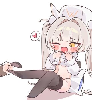 1girl armband black_armband black_pantyhose blanc_(fortune_express)_(nikke) blanc_(nikke) breasts chibi clothes_pull coat commentary fang fur-trimmed_collar fur_trim goddess_of_victory:_nikke hat high-waist_pantyhose highres jacket long_hair mming_(mmingis18) official_alternate_costume official_alternate_hairstyle one_eye_closed open_mouth panties pantyhose pantyhose_lift pantyhose_pull purple_eyes removing_pantyhose see-through_pantyhose simple_background skin_fang smile solo split-color_clothes symbol-only_commentary twintails underwear undressing very_long_hair white_background white_hair white_hat white_nails white_panties winter_clothes winter_coat yellow_eyes