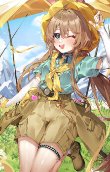 1girl :d absurdres amiya_(arknights) animal_ears aqua_eyes aqua_shirt arknights blue_sky brown_hair cloud commentary day grass highres hua-huahua long_hair looking_at_viewer mountain neckerchief one_eye_closed open_mouth outdoors rabbit_ears rabbit_girl shirt shoes shorts sky smile solo teeth upper_teeth_only white_sleeves yellow_nails yellow_neckerchief yellow_shoes yellow_shorts