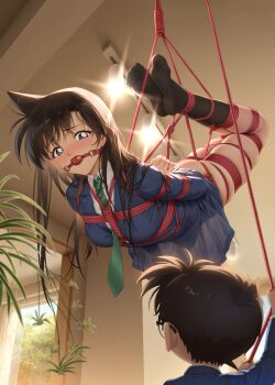 1boy 1girl ball_gag bdsm black_hair black_socks blazer blue_eyes bondage bound breasts collared_shirt drooling edogawa_conan gag gagged green_necktie haneru highres hogtie jacket long_hair looking_at_another medium_breasts meitantei_conan mouri_ran necktie pleated_skirt restrained school_uniform shibari shibari_over_clothes shirt short_hair skindentation skirt socks suspension white_shirt