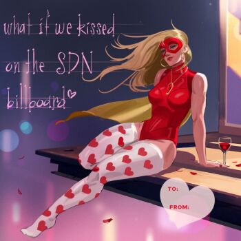 Rule 34 | alternate costume, arm support, backlighting, billboard, blonde blazer, blonde hair, blue eyes, breasts, cape, dispatch, earrings, english text, evening, eye mask, eyelashes, floating hair, foot out of frame, full body, gem, gold earrings, gold necklace, half-closed eyes, heart, heart print, high collar, hoop earrings, jewelry, large breasts, leotard, long hair, makeup, mask, nail polish, narrow waist, necklace, no shoes, outstretched leg, petals, red gem, red leotard, red lips, red mask, red nails, rose petals, sitting, skin tight, sky, sleeveless, thick thighs, thighhighs, thighs, toned, toned female, valentine, white thighhighs, yellow cape