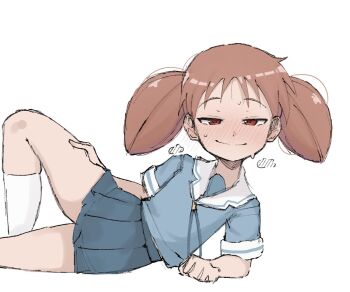1girl azumanga_daioh's_school_uniform azumanga_daiou blush brown_eyes brown_hair kneehighs loli lying mihama_chiyo naughty_face on_side seductive_smile skirt smile socks solo thighs twintails white_socks zlix0n
