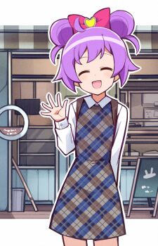 Rule 34 | 1girl, ahoge, arm behind back, blue dress, bow, brown dress, closed eyes, collared shirt, cowboy shot, double bun, dress, facing viewer, film grain, hair bow, hair bun, haiteku, hand up, highres, letterboxed, long sleeves, manaka laala, manaka laala (normal), open hand, open mouth, outline, pinafore dress, pink bow, plaid clothes, plaid dress, pretty series, pripara, purple hair, shirt, short hair, sleeveless, sleeveless dress, smile, solo, two-tone dress, waving, white outline, white shirt