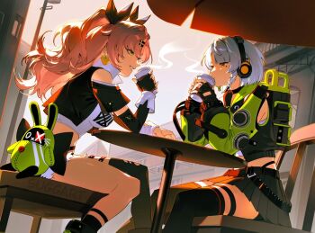 1girl anby_demara bangboo_(zenless_zone_zero) black_gloves black_ribbon black_thighhighs braid breasts cafe coffee commentary crop_top cup disposable_coffee_cup disposable_cup fingerless_gloves gloves green_eyes green_sleeves grey_hair hair_ornament hairclip headphones heart holding jacket jewelry large_breasts long_hair mole mole_under_eye multicolored_sleeves multiple_girls nicole_demara orange_eyes outdoors pink_hair ribbon short_hair shorts signature skirt smile sugg_art1 thighhighs two_side_up zenless_zone_zero