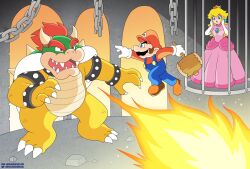 Rule 34 | 1girl, 2boys, blue eyes, bowser, breasts, brooch, brown hair, cage, claws, crown, dress, earrings, facial hair, fire, gloves, hammer, horns, jewelry, jumping, looking at another, mario, multiple boys, mustache, nintendo, open mouth, overalls, pink dress, princess peach, red hair, spiked shell