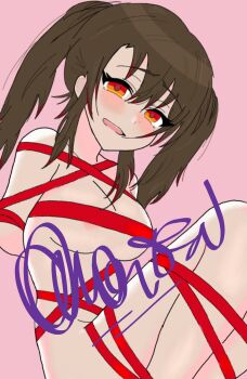 1girl alice_leah aly_doppelbvnger arms_behind_back bound brown_hair embarrassed freckles highres legs_up long_hair looking_at_viewer nude original red_eyes red_ribbon ribbon side_ponytail smile smug solo tied_up twintails