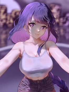 1girl alternate_costume arms_up bare_arms bare_shoulders blue_pupils blunt_bangs blurry blurry_background blush braid breasts building cleavage closed_mouth collarbone commentary covered_erect_nipples crop_top english_commentary genshin_impact gradient_hair head_tilt highres huge_breasts karaiden_illust leaning_forward light_smile long_braid long_hair looking_at_viewer looking_to_the_side multicolored_eyes multicolored_hair navel night no_mole outdoors pants pink_lips pov puffy_nipples purple_background purple_eyes purple_hair raiden_shogun shade single_braid skyscraper sleeveless solo stomach streaked_hair upper_body