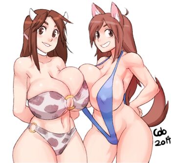 2girls ahoge animal_ears animal_print arms_behind_back bad_id bad_tumblr_id bandeau bikini borrowed_character breast_press breasts brown_eyes brown_hair choker colo_(nagrolaz) covered_erect_nipples cow_ears cow_horns cow_print dog_ears dog_tail ego_trigger grin hand_on_own_hip horns huge_breasts lass_(ego_trigger) long_hair mattie_(ego_trigger) multiple_girls original slingshot_swimsuit smile strap_gap swimsuit tail unaligned_breasts