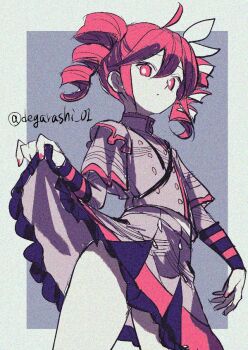 Rule 34 | 1girl, :/, ahoge, buttons, closed mouth, clothes lift, collared shirt, degarashi 01, dot mouth, double-breasted, drill hair, grey shirt, grey skirt, hair ribbon, kasane teto, kasane teto (sv), layered shirt, looking at viewer, red hair, ribbon, shirt, short hair, skirt, skirt lift, solo, synthesizer v, twin drills, twitter username, white ribbon