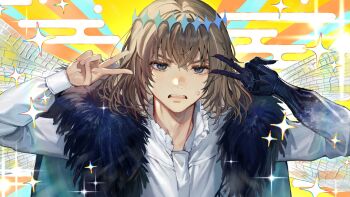 1boy angry black_gloves blue_eyes brown_hair fate/grand_order fate_(series) gloves hair_ornament highres mebaru medium_hair oberon_(fate) oberon_(third_ascension)_(fate) shine spoilers star_(symbol) v wings