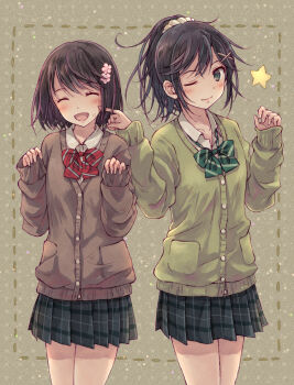 2girls ^_^ ^o^ black_hair bow bowtie brown_hair brown_sweater buttons closed_eyes dotted_line finger_to_cheek flower green_bow green_bowtie green_eyes green_skirt green_sweater hair_flower hair_ornament happy light_blush long_sleeves multiple_girls one_eye_closed original pink_flower plaid_clothes plaid_skirt pleated_skirt polka_dot polka_dot_background ponytail red_bow red_bowtie school_uniform short_hair skirt sleeves_past_wrists standing star_(symbol) striped_bow striped_bowtie striped_clothes sweater x_hair_ornament yakka