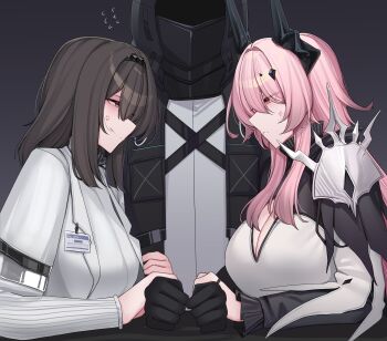 Rule 34 | 1boy, 2girls, absurdres, anger vein, angry, arknights, breasts, brown hair, commentary, doctor (arknights), dress, enough 333, eye contact, face-to-face, faceoff, flying sweatdrops, headband, highres, holding hands, horns, large breasts, long hair, long sleeves, looking at another, medium hair, multiple girls, pink hair, priestess (arknights), simple background, stare down, staring, untranslatable commentary, theresa (arknights)
