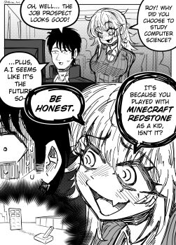 1boy 1girl arms_behind_back breasts collared_shirt commentary english_commentary english_text fang greyscale highres jacket large_breasts mimi_(nhim) minecraft monitor monochrome nhim open_mouth original ringed_eyes roy_(nhim) shirt skin_fang smile speech_bubble sweat sweatdrop sweater twitter_username