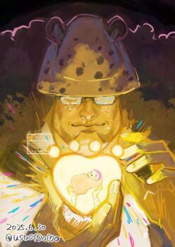 1boy 1girl baby bartholomew_kuma bear_hat closed_eyes crying curly_hair dated glasses glowing hat heart highres holding jewelry_bonney looking_at_another one_piece pink_hair snot twitter_username ususmomo