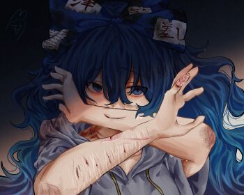 Rule 34 | 1girl, aegyo sal, arms up, blue eyes, blue hair, bruise, bruise on arm, burn scar, carved skin, commentary, covering own mouth, double-parted bangs, forced smile, grey hoodie, hair between eyes, highres, hood, hood down, hoodie, injury, long hair, looking at viewer, scar, self-harm, solo, symbol-only commentary, touhou, translation request, wrist cutting, yorigami shion, yukine 0930