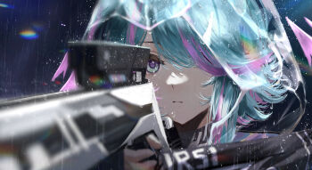 1girl absurdres aiming aqua_eyes aqua_hair blue_eyes blue_hair blurry chinese_commentary closed_mouth commentary_request depth_of_field expressionless gun hair_over_one_eye highres holding holding_gun holding_weapon multicolored_eyes multicolored_hair original portrait purple_eyes purple_hair rain ressec scope solo two-tone_eyes two-tone_hair weapon