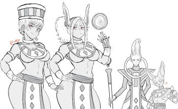 2boys 2girls beerus blush boku_no_hero_academia breasts cheelai crossover curvy dragon_ball dragon_ball_super dragon_ball_super_broly ettso greyscale hand_on_own_hip heart highres jewelry mirko monochrome multiple_boys multiple_girls navel nervous_smile pink_eyes rabbit_ears red_eyes smile spot_color twitter_username whis wide_hips