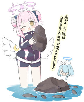 &gt;_&lt; 2girls ;d arona_(blue_archive) black_jacket black_shorts blue_archive blue_flower blue_hair blush blush_stickers braid brown_eyes chibi closed_eyes crescent double_bun flower gym_shorts hair_bun hair_flower hair_ornament hair_over_one_eye halo head_tilt holding jacket long_sleeves mika_(blue_archive) mika_(track)_(blue_archive) miranofuudoria multiple_girls one_eye_closed open_mouth pink_hair puffy_long_sleeves puffy_sleeves rock shorts simple_background single_braid sleeves_past_wrists smile standing translation_request water wavy_mouth white_background white_wings wings