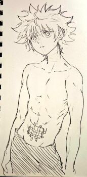 1boy bandage_on_chest hamm_burger hunter_x_hunter killua_zoldyck male_focus pants photo_(medium) short_hair solo toned toned_male topless_male traditional_media upper_body