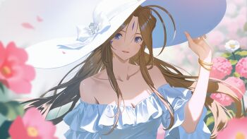 Rule 34 | 1girl, aa megami-sama, antenna hair, bare shoulders, belldandy, blue eyes, bracelet, breasts, bright background, brown hair, center-flap bangs, cleavage, curtained hair, dress, facial mark, flower, forehead mark, frilled dress, frills, gold bracelet, hand on own hat, hand up, hat, highres, jewelry, long hair, long sidelocks, looking at viewer, marking on cheek, medium breasts, off-shoulder dress, off shoulder, overexposure, sidelocks, smile, solo, straight hair, sun hat, sundress, upper body, user zfks3237, white hat, wide sleeves