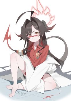 1girl 5_108a ahoge bare_legs barefoot black_hair black_horns black_shorts black_tail blue_archive breasts coat coat_partially_removed collared_shirt demon_horns demon_tail hair_intakes halo highres horns kasumi_(blue_archive) lab_coat long_hair long_sleeves long_tail pencil_as_mustache red_halo red_shirt shirt shirt_tucked_in short_shorts shorts sleeves_past_fingers sleeves_past_wrists small_breasts tail toes white_coat yellow_eyes