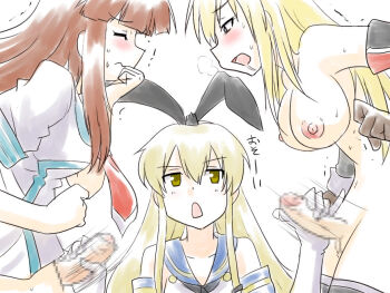 10s 1girl 2futa ahoge bare_shoulders bismarck_(kancolle) blonde_hair blush bottomless breasts brown_hair censored double_handjob drooling elbow_gloves fdd_threesome foreskin futa_with_female futanari gloved_handjob gloves hairband handjob kantai_collection kuma_(kancolle) large_breasts long_hair medium_breasts motion_lines multiple_futa multiple_girls multiple_penises open_mouth penis pinky_out sailor_collar school_uniform serafuku shimakaze_(kancolle) supon threesome torogao trembling white_gloves