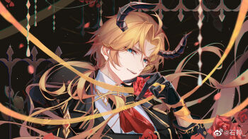 Rule 34 | 1boy, ahoge, aqua eyes, ascot, black background, black bow, black bowtie, black cape, black gloves, black horns, blonde hair, bow, bowtie, brooch, cape, chinese commentary, collared shirt, commentary request, commission, curtained hair, demon boy, demon horns, fangs, finger ribbon, fleur-de-lis, flower, fur-trimmed cape, fur trim, glint, gloves, gold trim, hand up, highres, holding, holding flower, horns, jewelry, lapels, lars rorschach, lars rorschach (until the end of time), light particles, long hair, long sleeves, looking at viewer, lovebrush chronicles, low ponytail, male focus, notched lapels, parted bangs, parted lips, ponytail, portrait, red ascot, red flower, red rose, ribbon, rose, shiling, shirt, sideways glance, smile, smirk, solo, teeth, tulip, upper teeth only, very long hair, watermark, weibo watermark, white shirt, wrist ribbon, yellow flower, yellow ribbon, yellow tulip