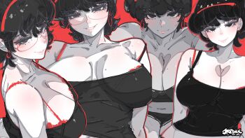 1girl absurdres artist_name black_eyes black_hair black_tank_top bra bra_peek breasts cleavage closed_mouth commentary earrings english_commentary glasses hairband highres jewelry jrpencil large_breasts looking_at_viewer mole mole_on_breast multiple_views original parted_lips raised_inner_eyebrows red_background red_hairband short_hair simple_background smile tank_top underwear