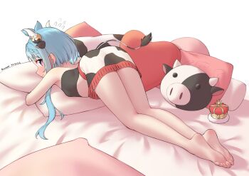 Rule 34 | 1girl, absurdres, animal print, ass, barefoot, blue hair, cow print, feet, flat chest, highres, mahiru (princess connect!), on bed, presenting, presenting ass, princess connect!, ruinone, tail, top-down bottom-up