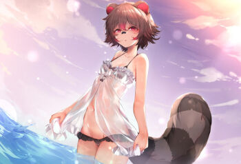 Rule 34 | 1girl, animal ears, babydoll, babydoll lift, bandaid, bandaid on face, bandaid on nose, bare arms, bikini, bikini under clothes, black bikini, breasts, bright pupils, brown hair, brown tail, colored tips, downscaled, dutch angle, frilled babydoll, frilled bikini, frills, hair between eyes, half-closed eyes, image sample, indie virtual youtuber, kana616, legs together, looking at viewer, lowleg, lowleg bikini, micro bikini, multicolored hair, navel, raccoon ears, raccoon girl, raccoon tail, rakkun sutaru, rakkun sutaru (1st costume), red eyes, red hair, resized, see-through babydoll, see-through clothes, short hair, small breasts, spaghetti strap, stomach, sunlight, swimsuit, tail, twilight, two-tone hair, virtual youtuber, wading, water, white babydoll, white pupils