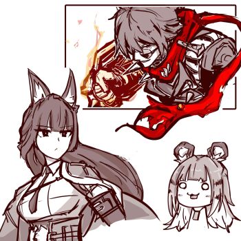 Rule 34 | 1boy, 2girls, :3, animal ear fluff, animal ears, apakan, arm out of sleeve, black hair, black necktie, blank eyes, blunt bangs, blush, chibi, clenched hand, closed mouth, commentary request, fire, fox ears, fox girl, gauntlets, hair between eyes, hair over one eye, high-waist skirt, highres, hoshimi miyabi, jacket, ju fufu, leather, leather jacket, lighter (zenless zone zero), long hair, looking over eyewear, medallion, monochrome, multiple girls, necktie, open mouth, red scarf, scarf, shirt, short hair, simple background, single gauntlet, skirt, spot color, sunglasses, v-shaped eyebrows, white background, white shirt, zenless zone zero