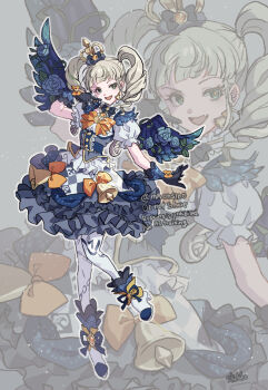 1girl aikatsu! aikatsu!_(series) black_gloves blonde_hair blue_flower blue_ribbon blue_rose blue_skirt blue_wings blunt_bangs boots bow crown drill_hair fang flower frilled_skirt frills full_body gloves green_eyes grey_background high_heel_boots high_heels highres idol_clothes long_hair looking_at_viewer mini_crown open_mouth orange_bow pantyhose plant puffy_short_sleeves puffy_sleeves ribbon rose shichiko_(kerori) shirt short_sleeves skirt smile solo standing standing_on_one_leg todo_yurika twin_drills twintails vines white_boots white_pantyhose white_shirt wings zoom_layer
