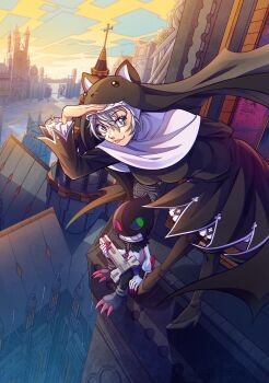 Rule 34 | 1boy, 1girl, animal hood, arm behind back, arm up, black dress, black shoes, black thighhighs, black veil, breasts, cat hood, church, commentary, cross-shaped pupils, digimon, digimon (creature), dracumon, dress, english commentary, fang, full body, grey eyes, grey hair, grin, gun, hair between eyes, high heels, highres, holding, holding gun, holding weapon, hood, long sleeves, looking at viewer, medium breasts, nun, outdoors, shoes, short hair, shoupitsuki, sidelocks, sistermon noir, sitting, smile, standing, statue, symbol-shaped pupils, teeth, thighhighs, tongue, tongue out, veil, weapon