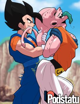 2boys ahegao biting blurry blurry_background bulge clothed_sex dragon_ball dragonball_z drooling dry_humping earrings erection erection_under_clothes forced from_side highres holding_arms_back humping jewelry majin_buu male_focus multiple_boys patreon_logo patreon_username podstatu potara_earrings pulling_tail rolling_eyes super_buu tongue tongue_out vegetto yaoi