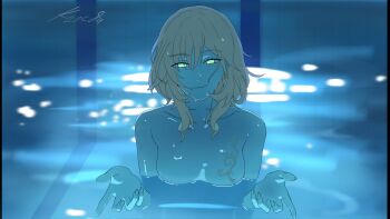 1girl aglaea_(honkai:_star_rail) artist_name blonde_hair breast_tattoo breasts chainsaw_man gold_tattoo green_eyes hashtag-only_commentary highres honkai:_star_rail honkai_(series) i&#039;ll_teach_you_everything_(chainsaw_man) kznc8a large_breasts looking_at_viewer partially_submerged pool short_hair smile solo tattoo water