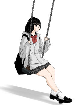 1girl absurdres backpack bag black_eyes black_footwear black_hair black_skirt bow full_body grey_hoodie highres hood hoodie long_sleeves medium_hair on_swing original red_bow sakamoto_giulietta school_uniform serafuku skirt socks swing thighs white_socks