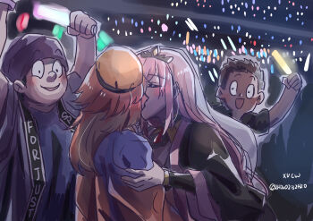 2girls absurdres blush bow bow_choker breasts choker couple earrings feather_earrings feathers french_kiss gradient_hair highres hololive hololive_english jewelry kiss large_breasts long_hair mori_calliope mori_calliope_(1st_costume) multicolored_hair multiple_girls multiple_hats open_mouth orange_hair pink_hair shirt smile takanashi_kiara takanashi_kiara_(1st_costume) virtual_youtuber xu_chin-wen yuri