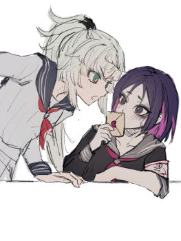 2girls armband black_eyes black_serafuku black_shirt blue_sailor_collar blush breasts colored_inner_hair fate/samurai_remnant fate_(series) green_eyes grey_sailor_collar highres letter long_hair long_sleeves love_letter mroaridnryed_alter multicolored_hair multiple_girls neckerchief parted_bangs pink_hair ponytail purple_hair sailor_collar school_uniform serafuku shirt short_hair short_sleeves sidelocks small_breasts ushi_gozen_(fate) white_hair white_serafuku white_shirt yui_shousetsu_(fate)