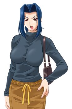 Rule 34 | 1girl, bag, blue hair, breasts, casual, game cg, gan-chan (artist), hand on own hip, handbag, hishidou aiko, hitozuma sentai aisaiger, jewelry, large breasts, large variant set, lipstick, long sleeves, makeup, mole, mole under mouth, non-web source, official art, open mouth, red eyes, ring, short hair, skirt, solo, sweater, transparent background, turtleneck, variant set