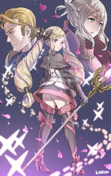 1boy 2girls absurdres aristocratic_clothes arthur_(fire_emblem_fates) ass blonde_hair blue_eyes bow drill_hair effie_(fire_emblem) elise_(fire_emblem) fire_emblem fire_emblem_fates green_eyes hair_bow highres karrincorrin long_hair looking_at_viewer multicolored_hair multiple_girls nintendo no_panties purple_eyes purple_hair streaked_hair twin_drills twintails