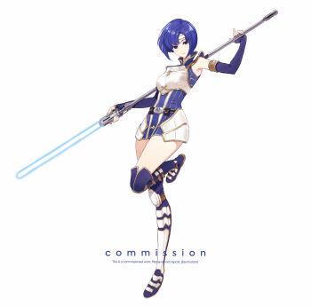 1girl alternate_costume armor armored_boots armpits blue_boots blue_eyes blue_gloves blue_hair blue_lightsaber blue_tunic boots breastplate breasts catria_(fire_emblem) commentary commission elbow_gloves energy_sword fingerless_gloves fire_emblem fire_emblem:_mystery_of_the_emblem full_body gloves headband highres holding holding_polearm holding_weapon lightsaber looking_at_viewer medium_breasts nintendo polearm short_hair simple_background sleeveless_tunic solo sumustard sword thigh_boots thighs tunic weapon white_background white_headband