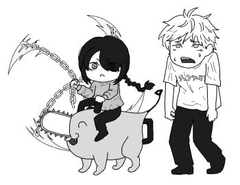 1boy 1girl braid braided_ponytail chain chainsaw_man closed_mouth denji_(chainsaw_man) frown hair_over_one_eye horseback_riding long_hair nayuta_(chainsaw_man) okara_masashi open_mouth pants pochita_(chainsaw_man) riding ringed_eyes sharp_teeth shirt short_hair sweat sweater teeth