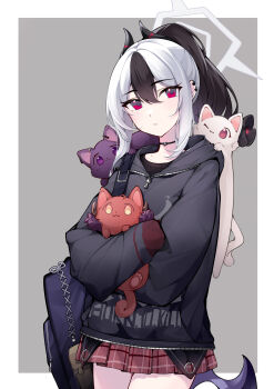 1girl :3 absurdres animal animal_hug animalization aru_(blue_archive) backpack bag black_cat black_choker black_hair black_shirt black_sweater blue_archive cat choker collarbone commentary_request cowboy_shot demon_girl demon_horns demon_wings ear_piercing english_text grey_halo halo haruka_(blue_archive) highres hood hooded_sweater horns kayoko_(blue_archive) long_hair long_sleeves looking_at_viewer mole mole_on_collarbone multicolored_hair mutsuki_(blue_archive) orange_cat piercing plaid_clothes plaid_skirt pleated_skirt ponytail print_sweater problem_solver_68_(blue_archive) purple_eyes red_eyes red_skirt shirt sidelocks simple_background single_wing skirt solo_focus standing sweater t-shirt two-tone_background two-tone_hair useless_(102960190014) white_cat white_hair wings