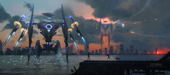 1boy 1girl absurdres artist_name bird city cloud cloudy_sky commentary dog english_commentary from_behind from_side full_body highres mecha missile missile_trail ocean original paul_nong robot running signature sky standing sun sunset too_many too_many_birds