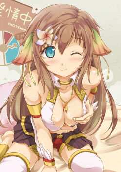 1girl animal_ears bare_shoulders blue_eyes blush breasts brown_hair ciel_nosurge cleavage female_focus grabbing_own_breast gust ionasal_kkll_preciel large_breasts long_hair looking_at_viewer necktie one_eye_closed smile solo surge_concerto thighhighs utamaru_(konomix) white_thighhighs wink